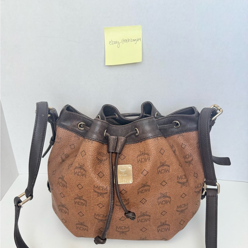 Vintage MCM Visetos Drawstring Bucket Bag Cognac Brown Monogram Leather Trim